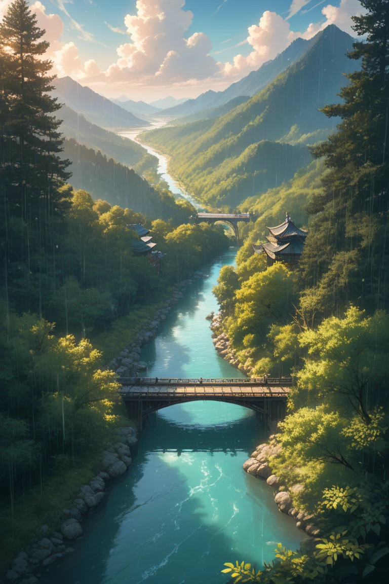 score_9, score_8_up, score_7_up, source_anime, rating_safe, day, natural lighting, raining, fantasy, bridge focus, CandiBRIDGE, no humans, mountain, water, river, forest, east asian architecture, bridge, tall trees, leaf, from above, negative space, scenery, intricately detailed illustration, depth of field, atmospheric perspective, realistic shading, green theme, monochrome, selective coloring