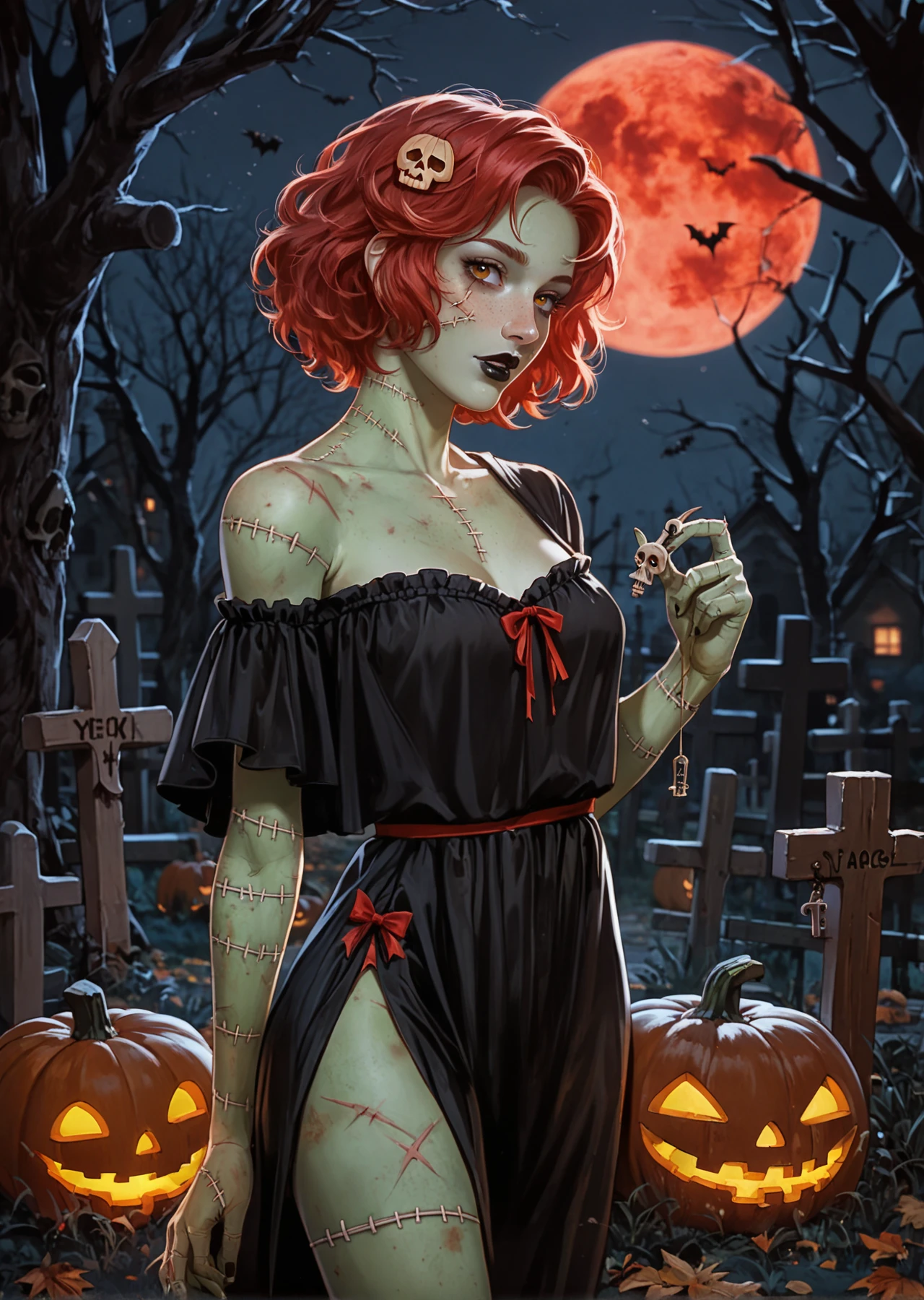 Steampunk style watercolor painting mixed with splashes of paint "Zombie, sexy zombie, sexy, seductive, charming, big breasts", scary graveyard background with other ghosts around.