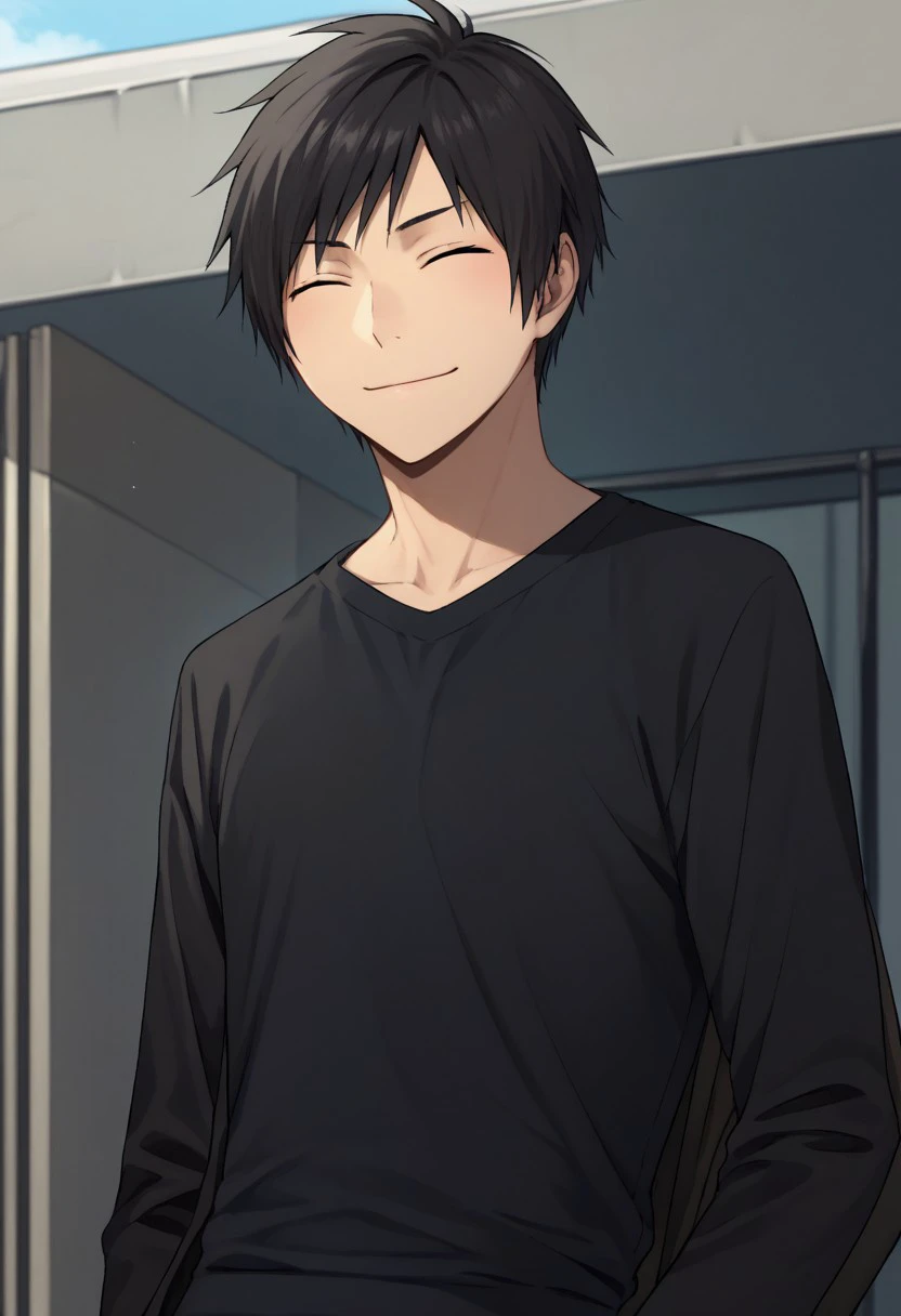 score_9, score_8_up, score_7_up, source_anime, highly detailed, 
izaya, 1boy, male focus, solo, black hair, short hair, closed eyes, jacket, shirt, black shirt, long sleeves, smile, closed mouth
outdoor,