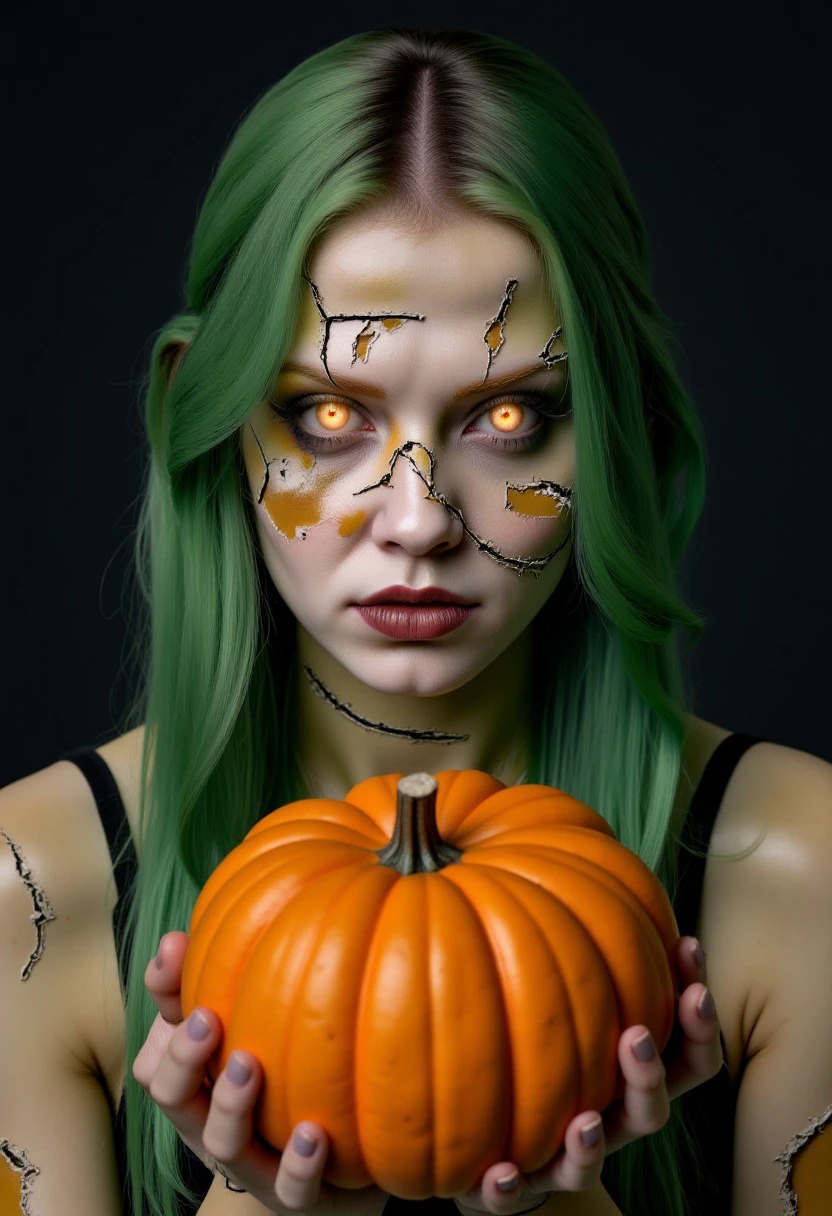 a beautiful woman with bright orange eyes and green hair with frankenzombie skin winking at the camera while holding a pumpkin