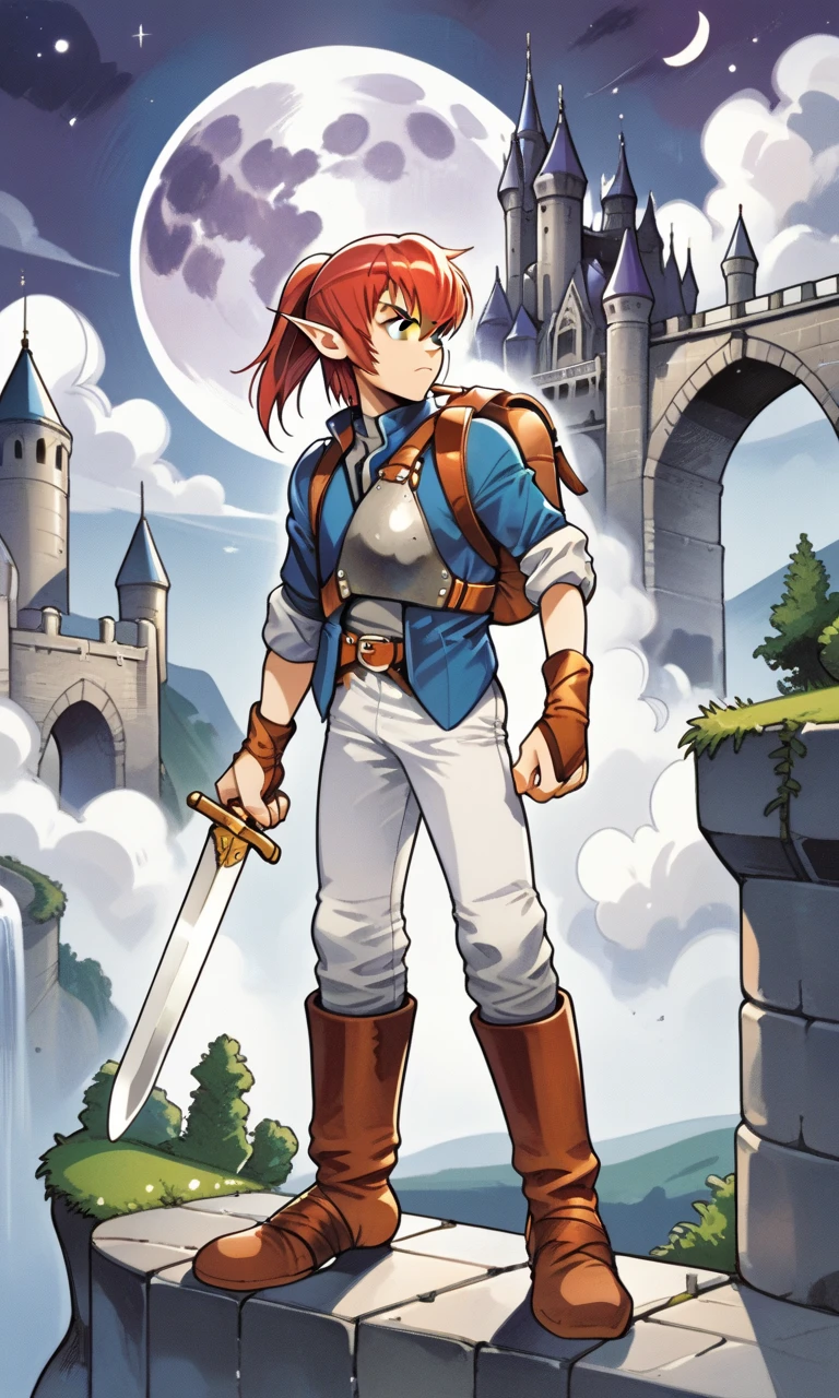 score_9, score_8_up, score_7_up,Alundra, red hair, short ponytail, bangs, pointy ears, blue eyes, blue jacket, white cuffs, gray undershirt, steel half-breastplate, fingerless gloves, backpack, leather belt, white pants, knee-high leather boots, holding sword, csdb, castle background, stone bridge, bright moon, cloudy skies