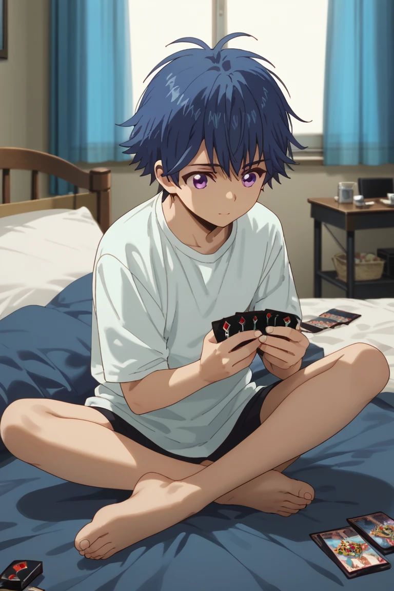 score_9, score_8_up, score_7_up, score_6_up, yu-yu kondo, blue hair, purple eyes, 1boy, male focus, card, solo, barefoot, bed, playing games, sitting, holding card, indian style, indoors, curtains