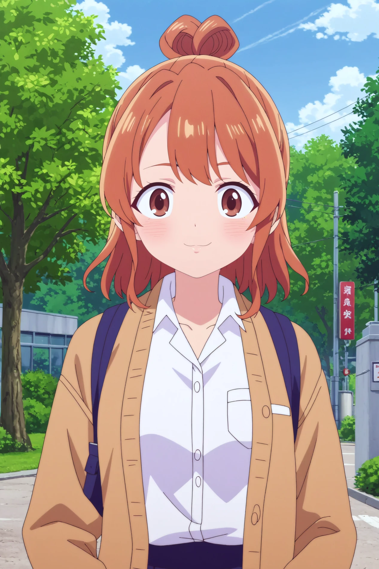 score_9, score_8_up, score_7_up, source_anime,anime screencap, screencap,(contrast:0.6), dark light,vibrance,bright colors,anime coloring,light reflections, glossy skin, shiny skin, megami magazine BREAK moeko sekine,1girl,solo,brown eyes,brown hair,looking_at_viewer,blush,hair bun,single hair bun,skirt,smile,collared shirt,white shirt,breasts,school uniform,upper body BREAK outdoors,open field,tall trees,school buildings, light breeze Holding head with both hands, <lora:Moeko_Sekine_-_BokuYaba.safetensors:0.8>