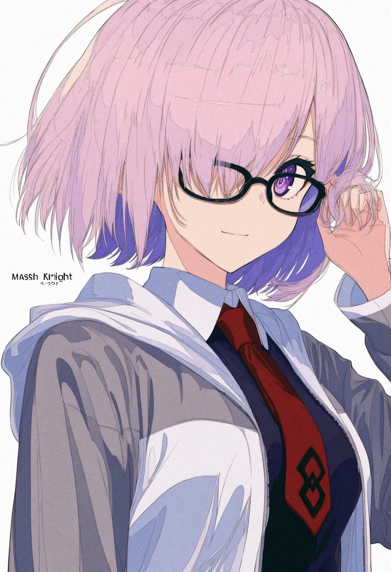 masterpiece, best quality, high contrast, absurdres, vibrant, highly detailed, ligne claire, cogecha, mash kyrielight, fate grand order, fate, (series), 1girl, adjusting eyewear, black-framed eyewear, black dress, character name, closed mouth, collared dress, dress, glasses, hair over one eye, hand up, holding, holding own hair, hood, hoodie, light smile, looking at viewer, necktie, open clothes, open hoodie, purple eyes, purple hair, red necktie, short hair, solo, upper body