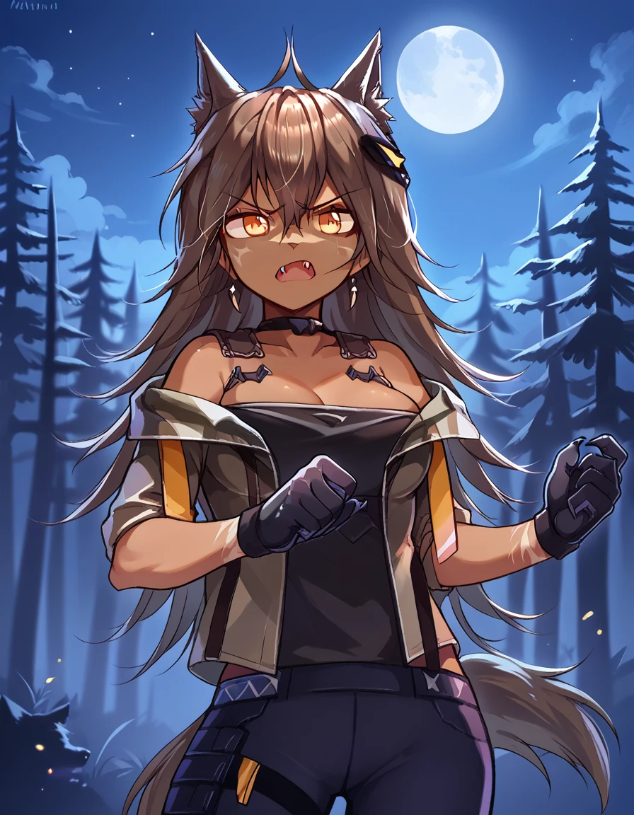 score_9, score_8_up, score_7_up, source_anime, <lora:girlsfrontline-cr-21-ponyxl-lora-nochekaiser:1>, cr-21, cr-21 (girls' frontline), ahoge, animal ear fluff, animal ears, brown hair, dark skin, dark-skinned female, extra ears, facial mark, hair ornament, long hair, medium breasts, tail, yellow eyes, <lora:werewolf-ponyxl-lora-nochekaiser:1>, werewolf, furry, fangs, animal ears, gloves, angry, teeth, animal ear fluff,, forest, night, moon, open mouth, , dutch angle, cowboy shot