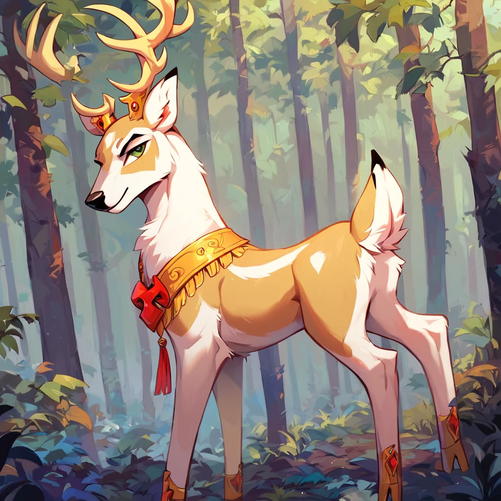 score_9_up, score_8_up, score_7_up, score_6_up, king aspen, deer, full body, solo, male, forest background, trees, looking at viewer, regal, thin legs, white fur, masterpiece, character focus, best quality