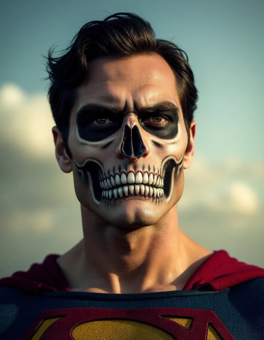 long shot scenic professional photograph of superman  <lora:skullmakeup:1> skullmakeup, perfect viewpoint, highly detailed, wide-angle lens, hyper realistic, with dramatic sky, polarizing filter, natural lighting, vivid colors, everything in sharp focus, HDR, UHD, 64K