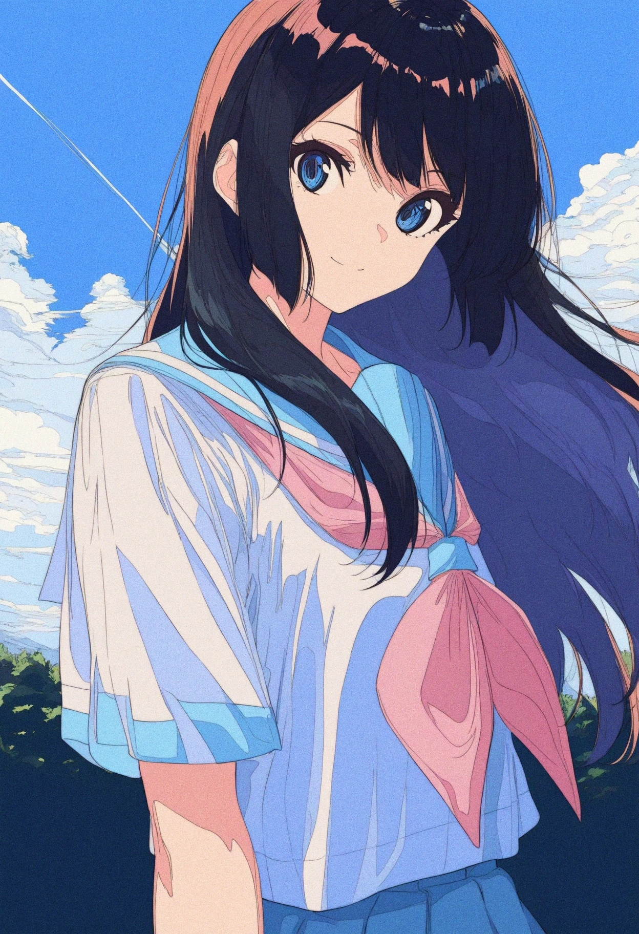 masterpiece, best quality, high contrast, absurdres, vibrant, highly detailed, ligne claire, cogecha,  ligne claire, 1girl, kitauji high school uniform, solo, long hair, school uniform, pink neckerchief, neckerchief, sailor collar, blue sailor collar, sky, shirt, serafuku, cloud, short sleeves, blue hair, closed mouth, smile, blue eyes, white shirt, kousaka reina, blue sky, upper body, from side, day, outdoors, black hair