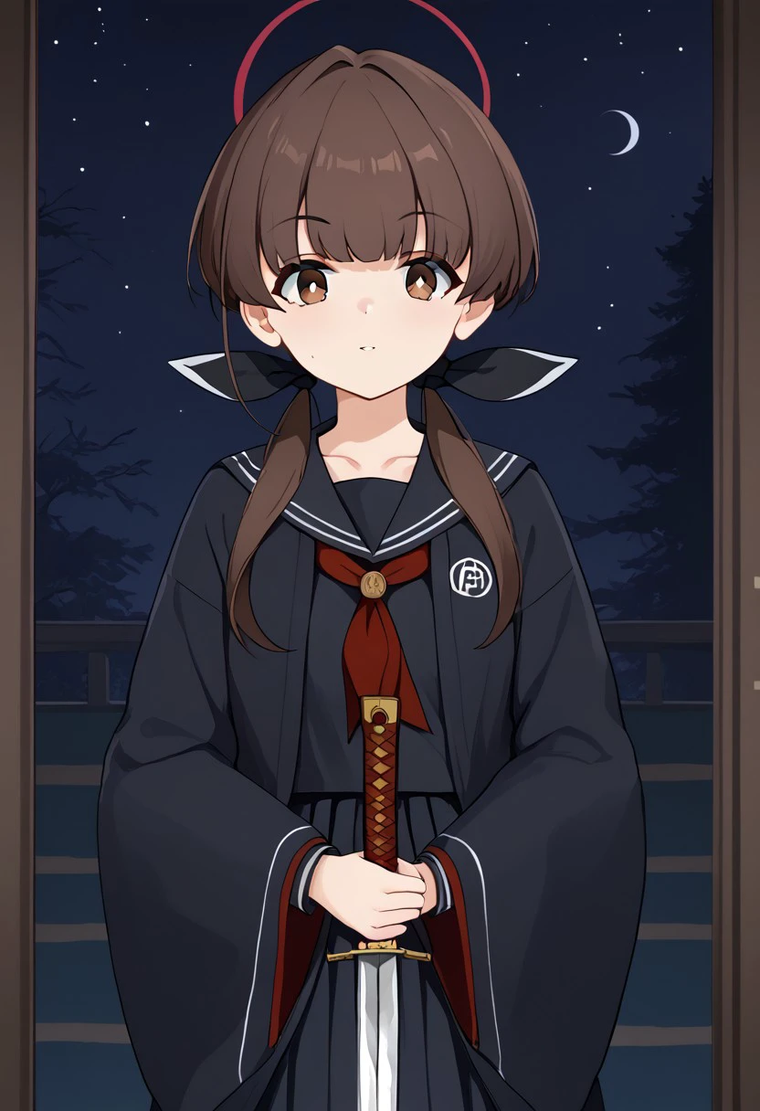 1girl, solo, solo focus, highres, absurdres, Kohane_KV, brown hair, brown eyes, bangs, twintails, low twintails, long hair, halo, hair ribbon, black ribbon,
school uniform, black sailor collar, black serafuku, red neckerchief, pleated skirt, long sleeves, black skirt, wide sleeves, collarbone, black shirt,
looking at viewer, ((holding sword, unsheathing, holding sheath,)) 
east asian architecture, night, night sky, dark, backlighting, silhouette,