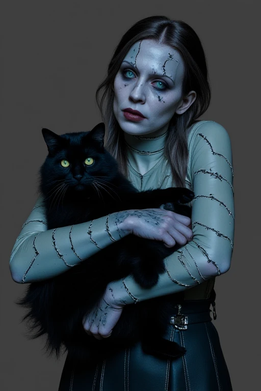 a photo of a woman with blue frankenzombie skin holding a black cat