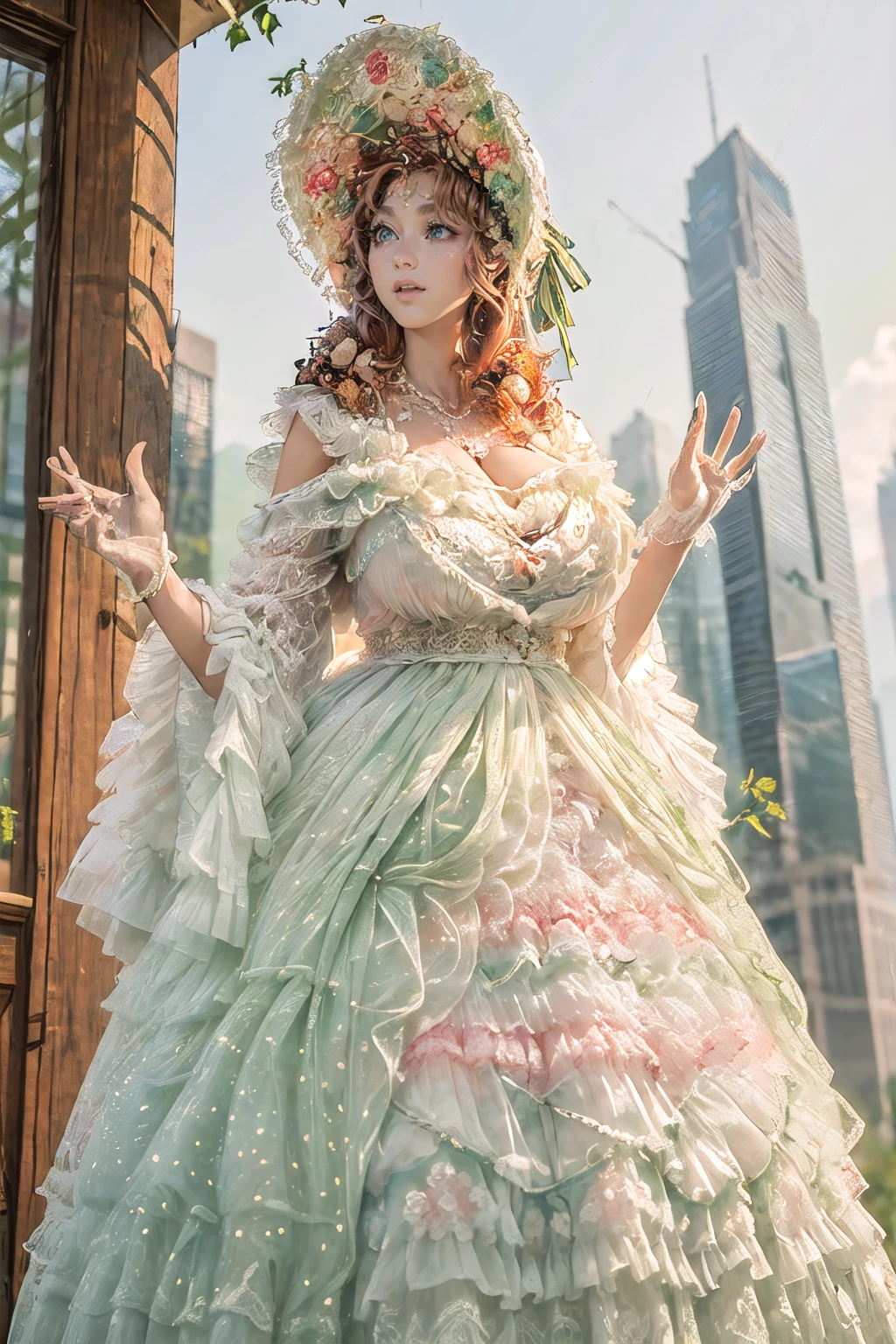 (masterpiece, best quality:1.2),illustration,8k,hd,1girl,solo,brown hair,long hair,cowboy shot,
llfm,hair ornament,white dress,frills,lace-trimmed dress,jewelry,pearl necklace,bonnet,off shoulder,green ribbon,
(collarbone:1.2),large breasts,saggy breasts,(cleavage:1.2),extremely detailed dress,(outdoors,skyscraper:1.5),