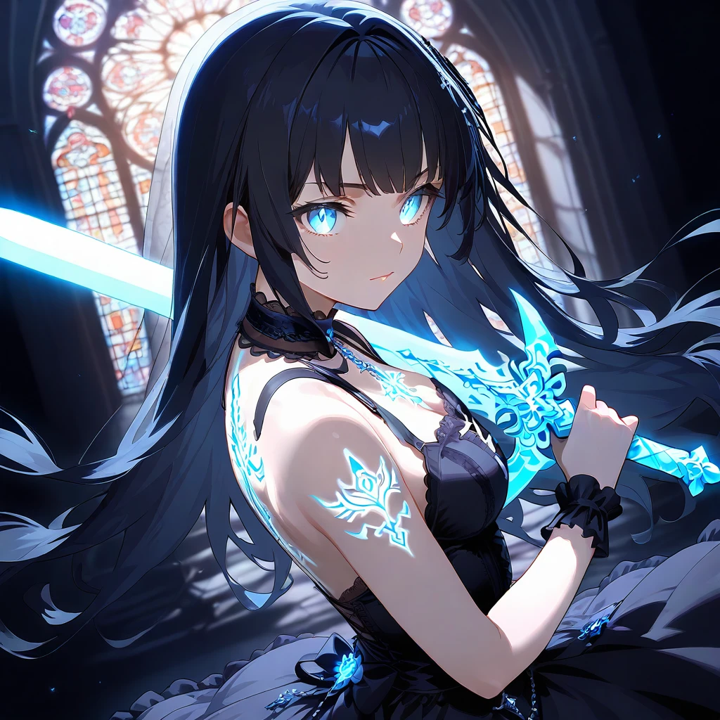 long hair, black hair, blue eyes,
holding weapon, 
holding sword by both hands, 
gothic, 
bare shoulders, cinematic lighting, gothic church, 
back tattoo, glowing tattoo, glowing, 
(masterpiece:1.2), (best quality:1.2), (very aesthetic:1.2), (absurdres:1.2), (detailed background), (extremely detailed), newest,
official art,