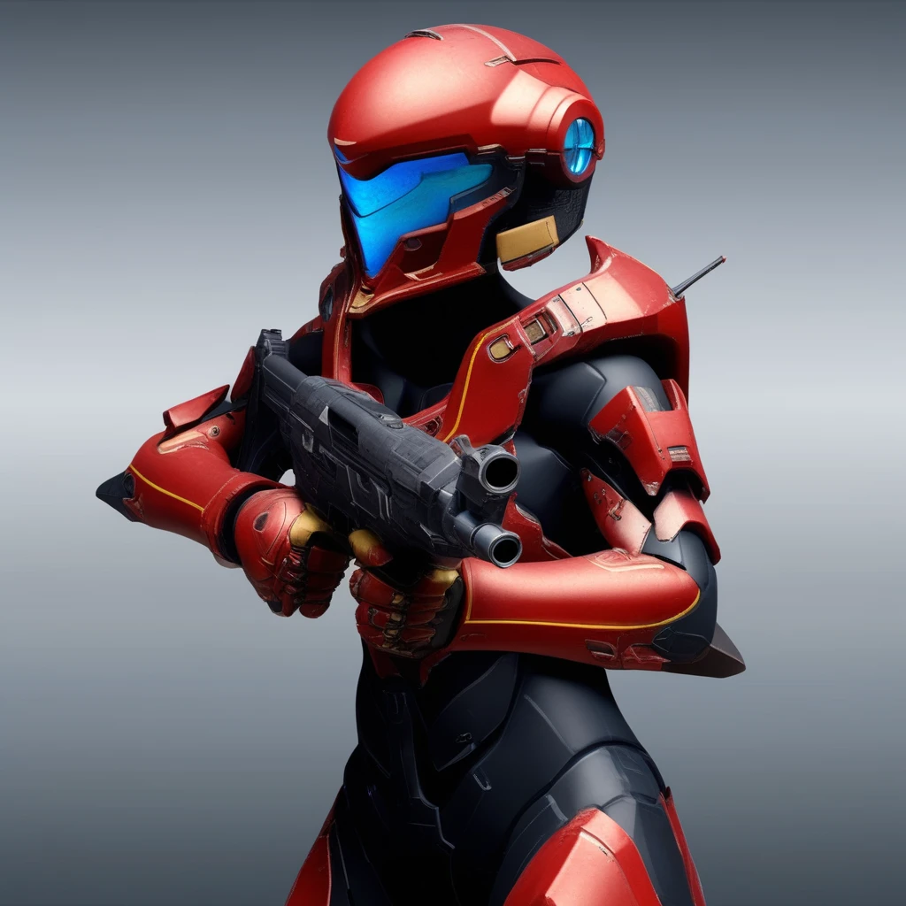 submachine gun, headwear removed, blue eyes, from behind, armor, 1girl, spacecraft, helmet removed, holding gun, powered armor, mjolnir gen2 armor, From side, gradient background, mjolnir armor, spartan vale, solo, assault rifle, helmet, realistic, rifle