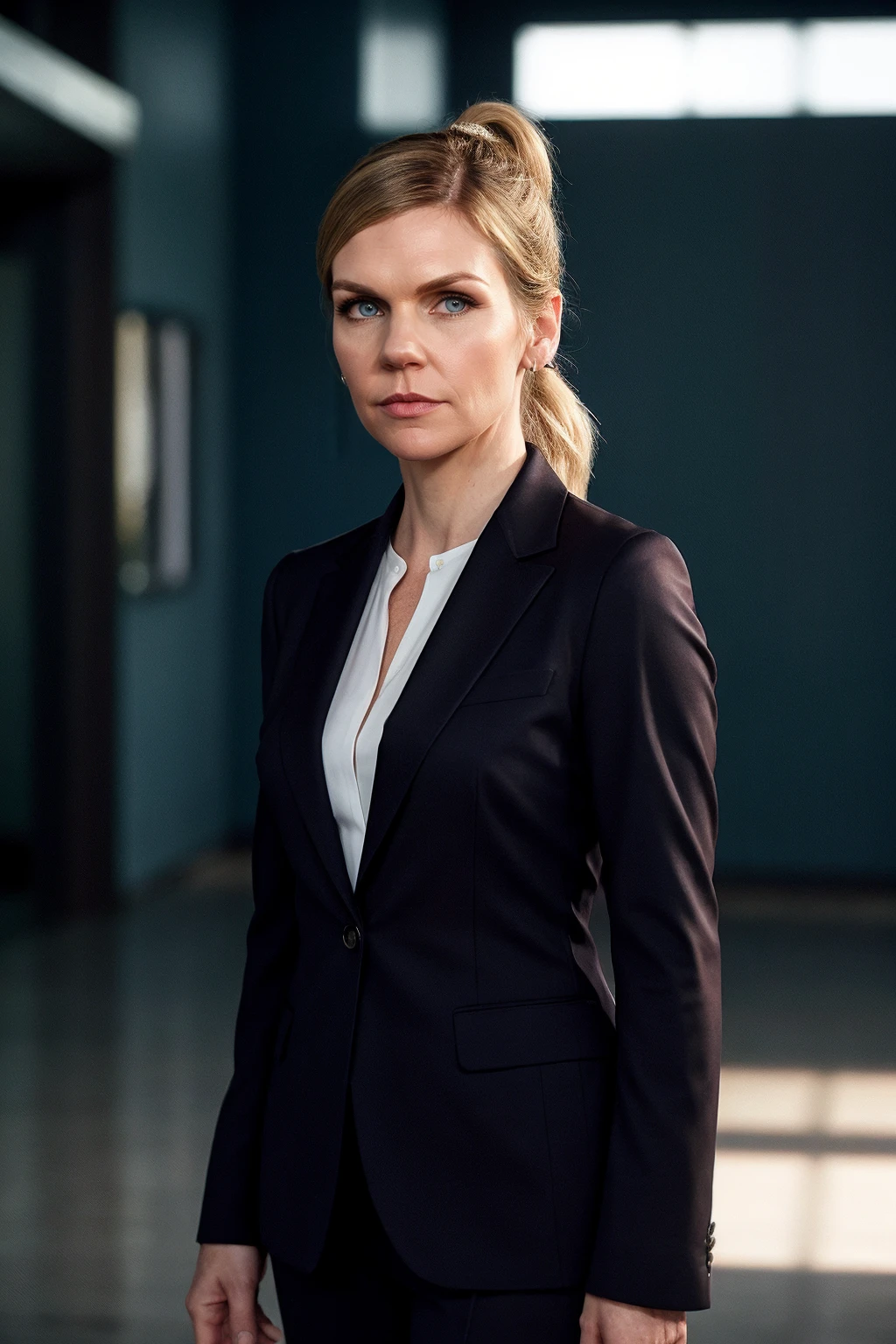 rheaseehorn, woman, blue eyes, blonde hair, upper body, indoors, business dress, blurry background, formal, suit, hair tied back, ponytail,
highly detailed, ultra-realistic, cinematic, 
 <lora:RheaSeehorn_SD_v1:0.8>