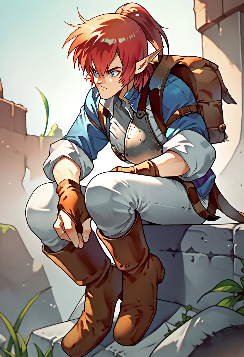 score_9, score_8_up, score_7_up, 1boy, Alundra, red hair, short ponytail, bangs, pointy ears, blue eyes, blue jacket, white cuffs, gray undershirt, steel half-breastplate, fingerless gloves, backpack, leather belt, white pants, knee-high leather boots, grassland, sunset