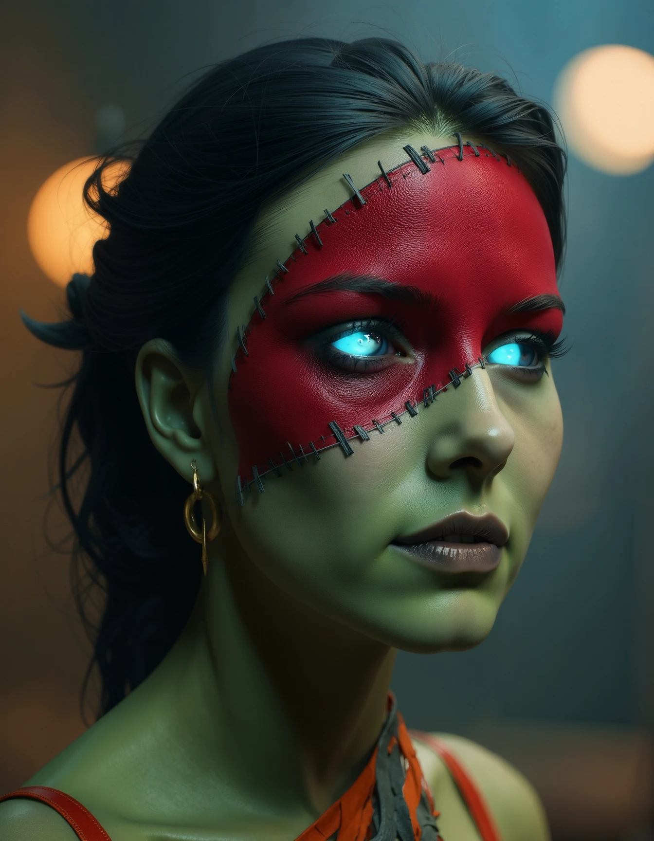 a portrait of a green skinned evil zombie with glowing blue eyes with red patchwork_skin stitched across the entire left side of her face with thick black thread. Her face is turned to the right slightly., best quality, 4k, 8k, high resolution, cinematic, vibrant, intricate, Hyperrealistic, high detail, <lora:XLabs Flux Realism LoRA\flux_realism_lora.safetensors:0.8>, <lora:FLUX_Patchwork_Skin_Merge2_Shurik:1>