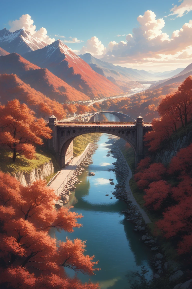 score_9, score_8_up, score_7_up, source_anime, rating_safe, day, natural lighting, bridge focus, CandiBRIDGE, no humans, mountain, bridge, red trees, from above, negative space, scenery, intricately detailed illustration, depth of field, atmospheric perspective, red theme, monochrome