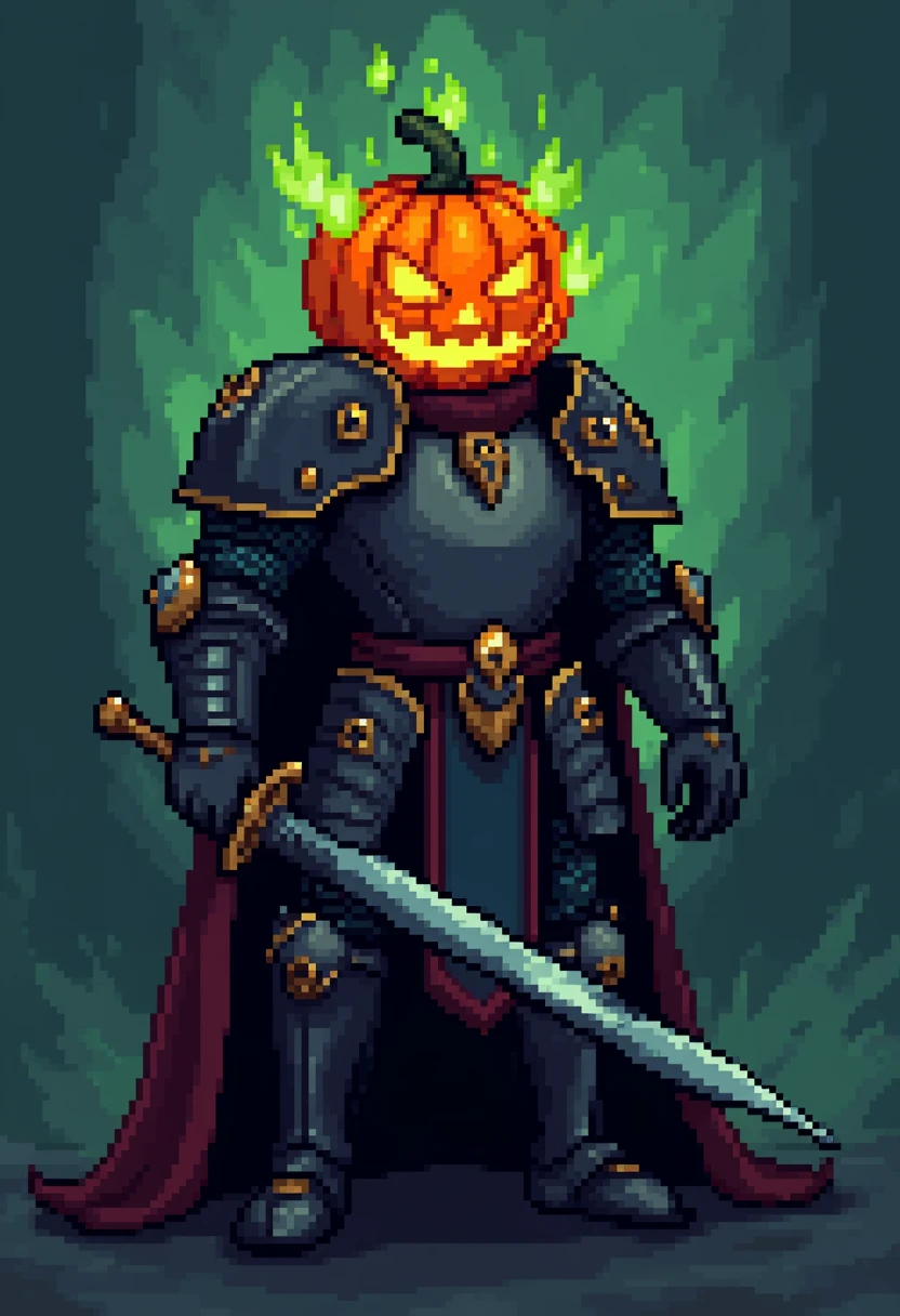 pixel art full body portrait of a knight with a pumpkin for a head, green flames from the pumpkins eyes