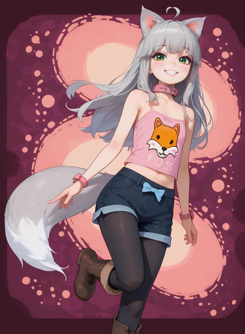 score_9, score_8_up, score_7_up,  (abstract:2) (abstract background) animal ears, grey hair, long hair (hidden ears) tail, green eyes, collar, small breasts, flat chest, pink camisole, midriff, navel, shorts, black pantyhose, boots, brown boots <lora:KitLora:0.8> smile, happy,