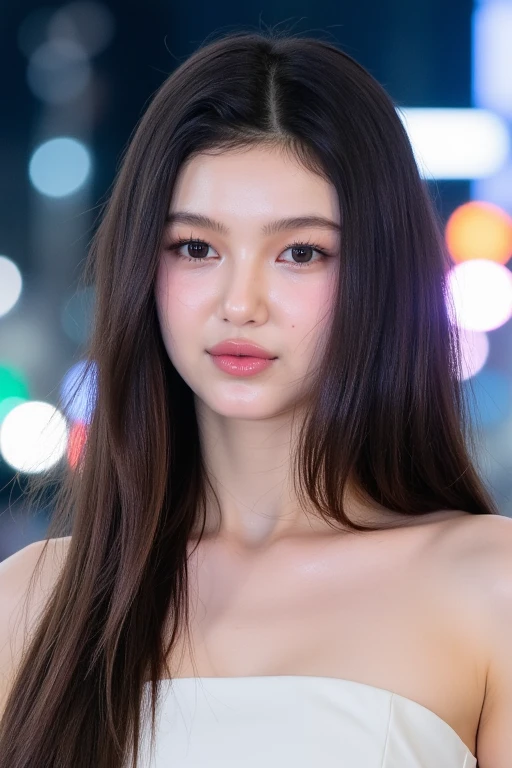 (medium full shot), beautiful korean woman with natural makeup, natural lips, wavy hair, wearing strapless tube dress, city at night background, natural lighting, dslr, soft lighting, high quality, film grain, light reflections, blood vessels, pale skin, skin pores, blood vessels in sclera, detailed skin, realistic skin, skin fuzz, bokeh, (no watermark). <lora:Tissue_Danielle_Flux_v1.1-LowRep:1>