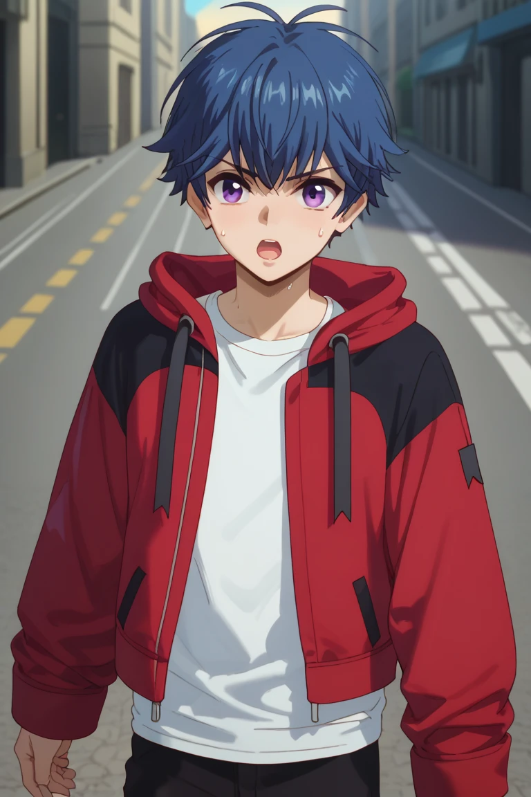 score_9, score_8_up, score_7_up, score_6_up, yu-yu kondo, blue hair, purple eyes,red hooded jacket, white shirt, open jacket, 1boy, male focus, open mouth, hood, solo, hoodie, looking at viewer, jacket, sweatdrop, road, shirt, sweat, upper body