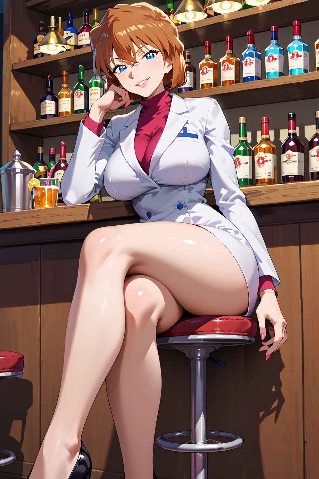 score_9,score_8_up,score_7_up,from below,
1girl,mature female,milf,sitting,sitting on bar stool,crossed legs,full body,inside,city,looking at viewer,head rest,evil smile,seductive smile,expected eyes,from front,huge breasts,narrow waist,wide hips,
Best quality,masterpiece,soft light,official art,masterpiece,high quality,highres,absurdres,epic scene,natural textures,highest quality,8K,Ultra-HD,ultra detail,epic scene,natural textures,<lora:Miyano Shiho Pony-000008:1>,miyano shiho,short hair,brown hair,blue eyes,hair between eyes,lab coat,