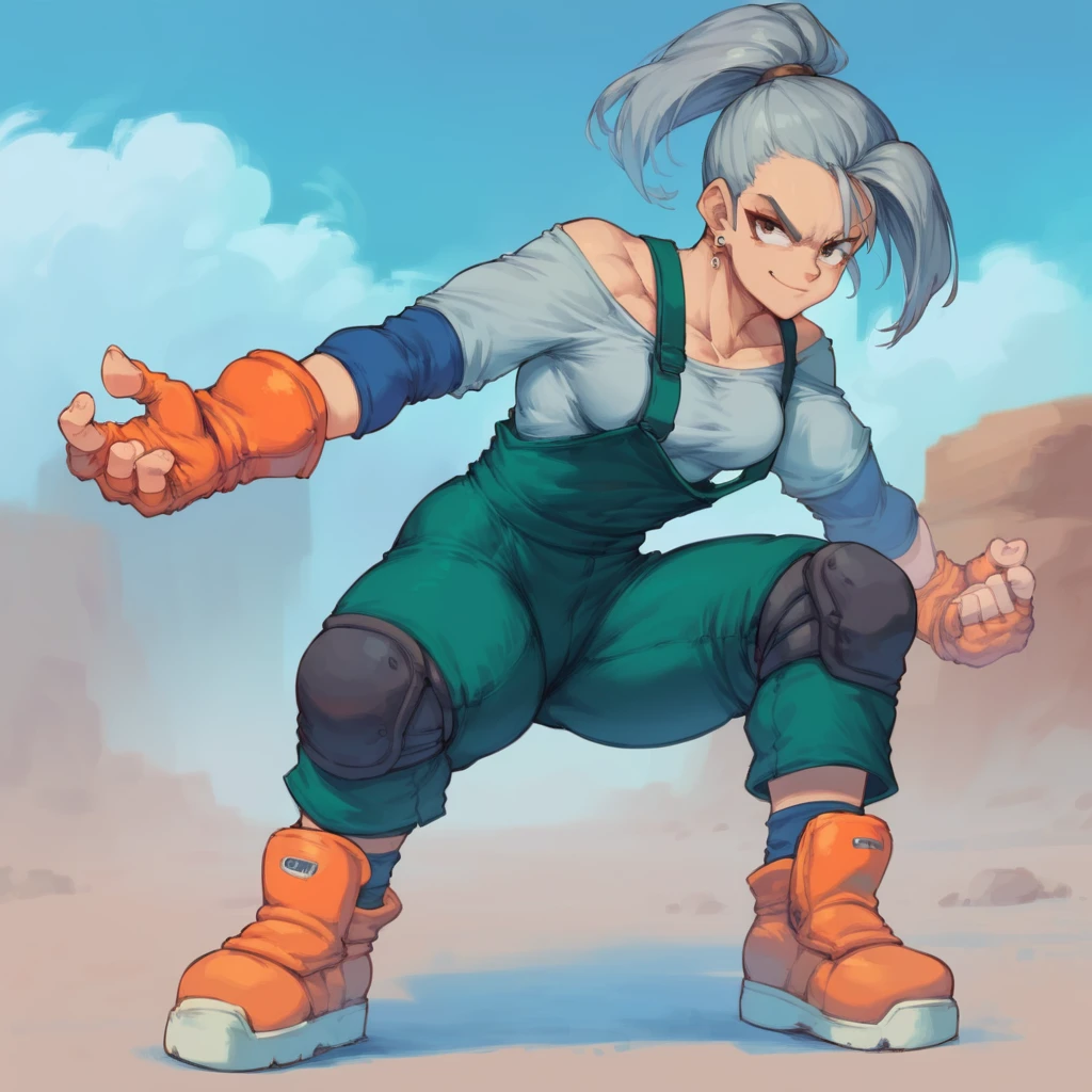 score_9, score_8_up, score_7_up, score_6_up, <lora:Epon_Tobal_-_PonyXL:0.75> solo, 1girl, epon, gloves, knee pads, fingerless gloves, earrings, full body, orange footwear, ponytail, grey hair, orange gloves, collarbone, dark green overalls, default outfit, grey shirt, elbow pads, blue elbow pads, dynamic pose, fighting stance, confident, smirk, face focus, detailed background, desert <lora:princess_xl_v1:1> <lora:cutesexyronutts_style_xl:1>