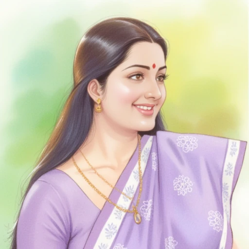 a high-quality water color painting by artist Manimala featuring a smiling South Asian woman with light brown skin and long, dark hair. She wears a traditional lavender sari with white floral patterns and a gold necklace. The background is a soft blend of green and yellow hues, slightly blurred, suggesting a shallow depth of field. The composition follows the rule of thirds, focusing on her face and upper body. The lighting appears natural, enhancing the vibrant colors and smooth textures.