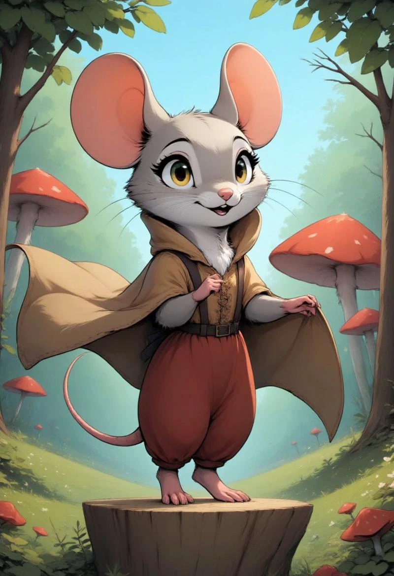 A cheerful little mouse adventurer in the classic  standing confidently on a tree stump. The mouse is wearing a tiny adventurer's outfit, complete with a belt, boots, and a little cape blowing in the wind. The scene is a whimsical forest backdrop with oversized mushrooms and tall blades of grass. The mouse's big, expressive eyes sparkle with curiosity, and its pose is full of excitement, as if ready to embark on a grand adventure.