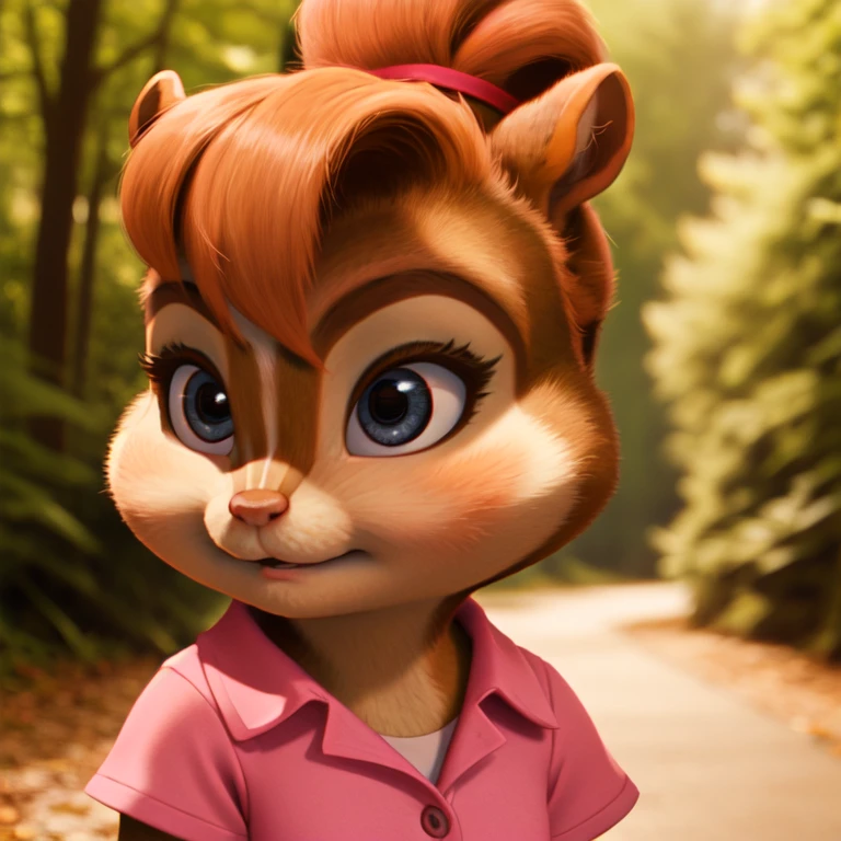 brittcgi, female chipmunk, auburn fur, auburn hair, pink jacket, pink dress, small hairbun, looking at viewer, cute, serene