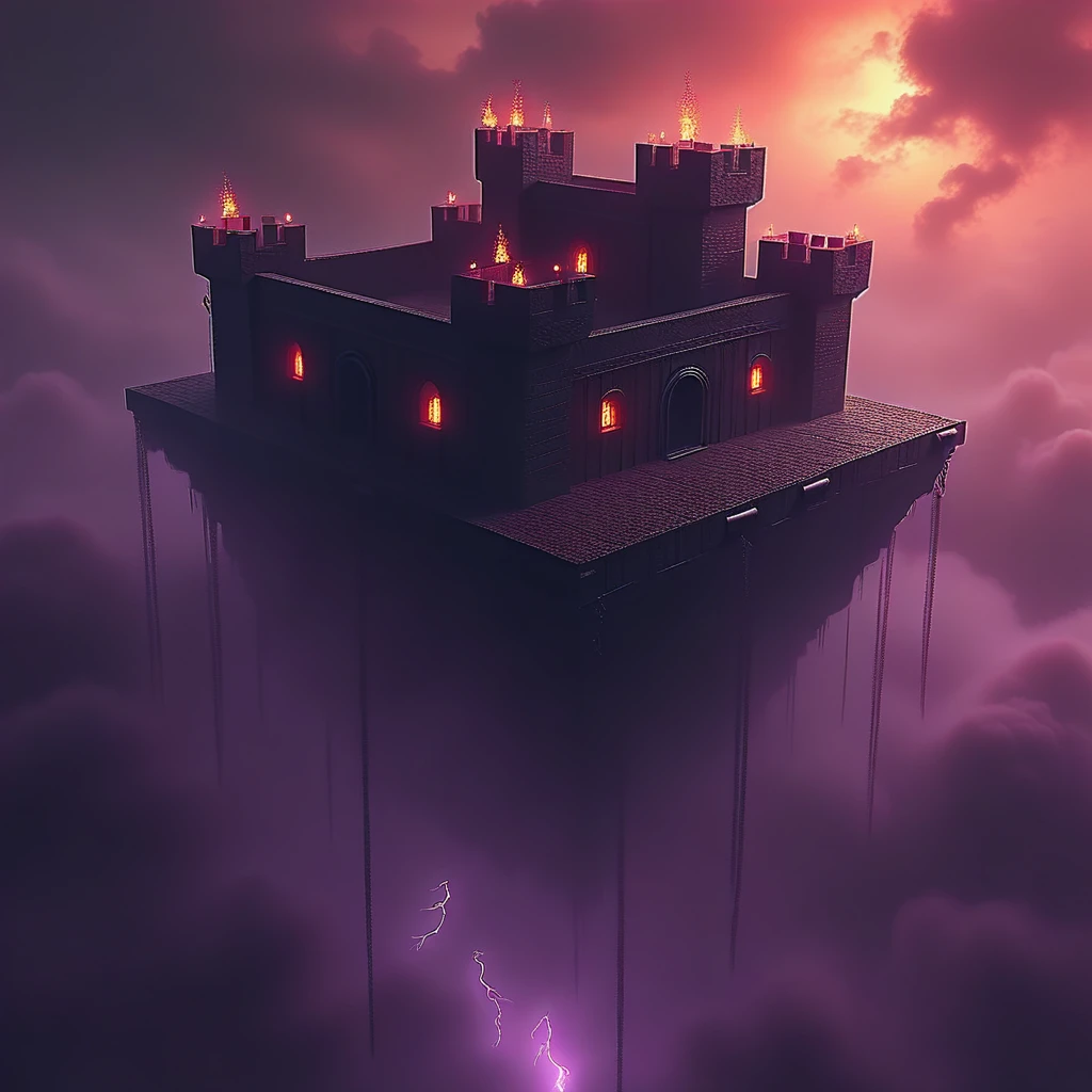 cpolldreamyfortress, cpolldfffitowd, floating fortress in the otherworld, otherworld, floating fortress, outdoor, orange sky, orange lightnings in sky, vivid purple mist, purple lightnings in vivid purple mist