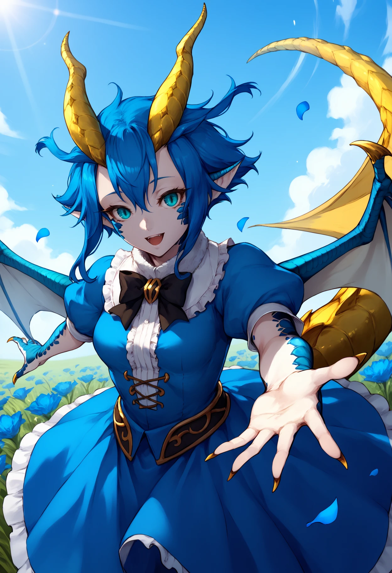 score_9, score_8_up, score_7_up, 1girl, skadra, monster girl, colored skin, horns, blue scales, aqua eyes, slit pupils, animal ears, pointy ears, short hair with long locks, hair between eyes, blue hair, yellow tail, claws, nail polish, medium breasts, low wings, white wings,
fur collar, neck tuft, blue dress, frills, puffy sleeves, ribbons, bowtie, 
looking at viewer, happy, open mouth, outstretched arms,
outdoors, field, blue flowers, sunbeam, wind, blue petals, lens flare, from above, dutch angle, blue theme,
<lora:Skadi-Dragenfelt-PDXL_V1-Manityro-CAME:1.0>,