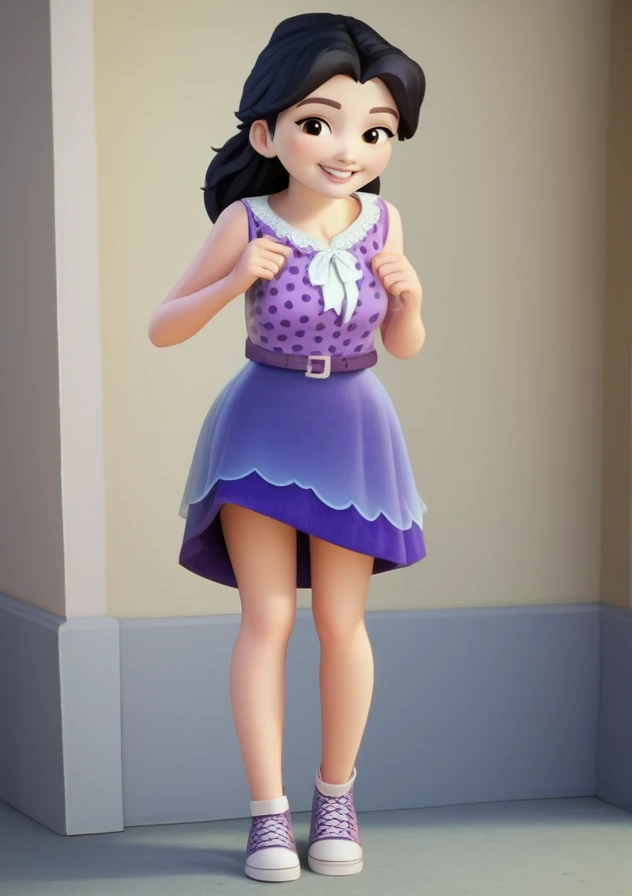 (zPDXL3) source_cartoon,
emma_lego, black hair, long hair, black eyes, polka dot dress, purple dress, sleeveless, belt, shoes, smile, teeth, blush, looking at viewer,
detailed, perfect, perfection, hands,
<lora:hand 4:0.8>, <lora:Emma:1>