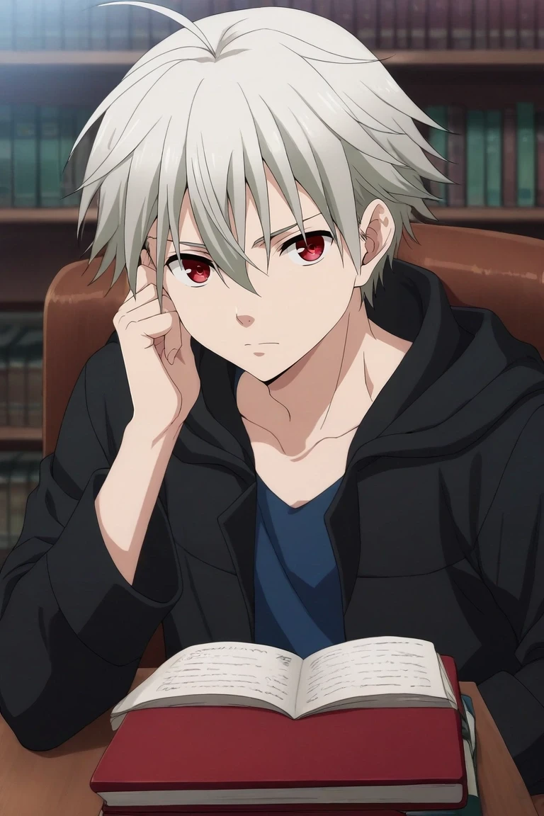 score_9, score_8_up, score_7_up, source_anime, rating_safe, , (realistic:0.6), looking at viewer, , 1boy, solo, male focus, <lora:yoshio_kobayashi_pony:1>, yoshio_kobayashi, grey hair, red eyes, short hair, hair between eyes, ahoge, asymmetrical, library, books, day, leaning on object, :\3, , <lora:sdxl_lightning_8step_lora:1>