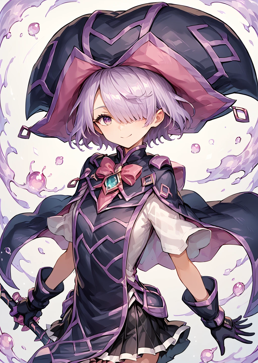 score_9_up, score_8_up, score_7_up,  score_anime,high quality,
cyberse sage.1girl.hat, solo, hair over one eye, gloves, short hair, , holding, smile,  purple hair, skirt,  looking at viewer, boots,short cloak.tabard
<lora:add-detail-xl:1> <lora:cyberse sagev2:1>