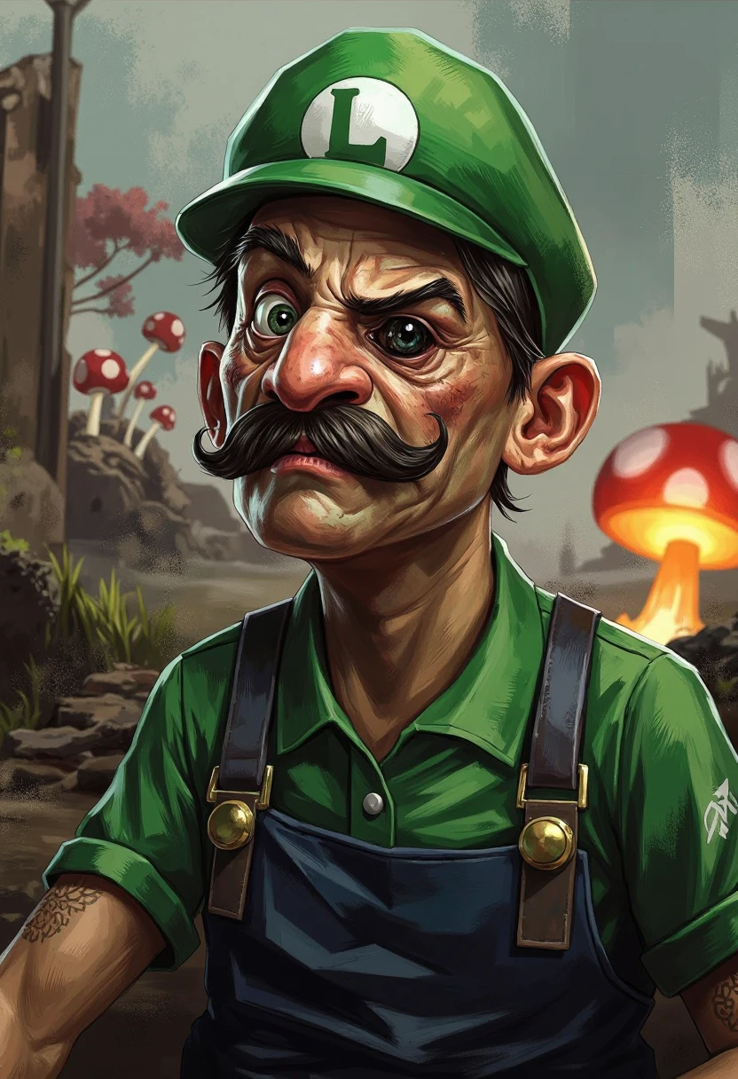 mythoscape painting of an old and tired the iconic super Luigi, He has gray in his mustache and a black eye. A Green cap is on his head with an L on it, and he's wearing overalls with a green shirt. he is getting ready to mess some stuff up, He is old and tired. In the background you can see the remnants of the mushroom kingdom destroyed and burning.posts apocalyptic version of Super Mario World.