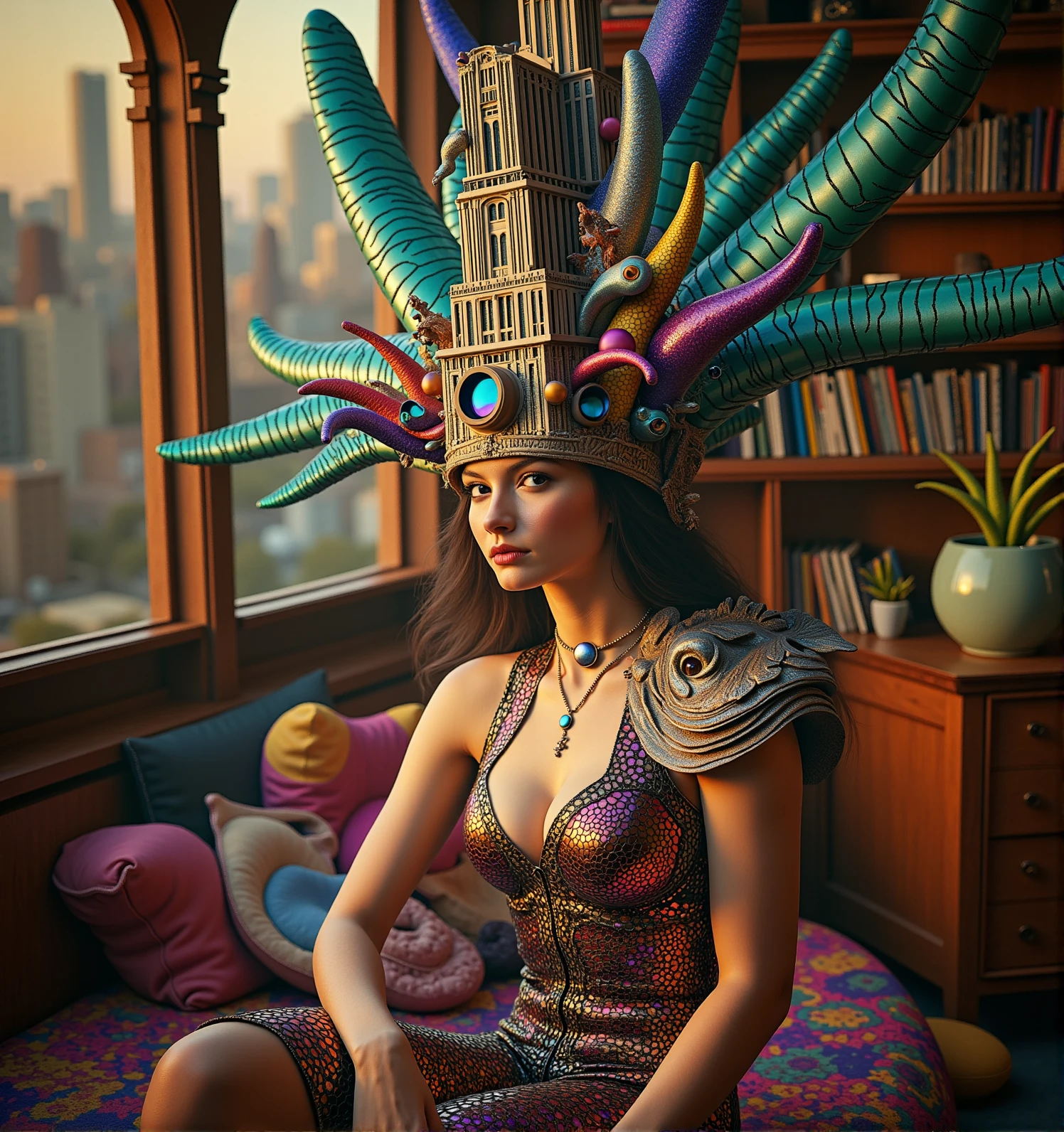 fantastical-headdress with Empire State building,a beautiful American female sitting in the house