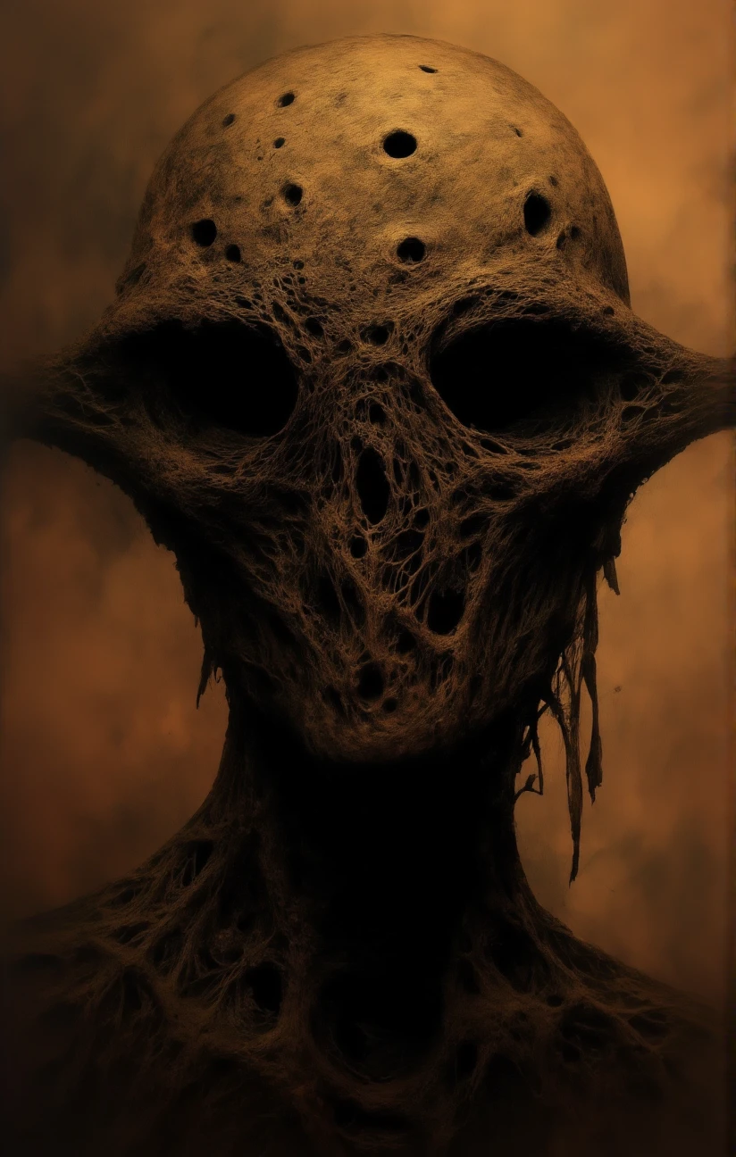 The image portrays a hauntingly surreal depiction of a humanoid figure with a textured decaying and organic appearance. The figure's head is enveloped in a helmet-like structure with holes allowing the background to be visible. The background is a blend of warm and muted colors creating an eerie atmosphere. <lora:- Flux1 De-Distilled - temp_haunting_cre_1.0-step00002400:1>