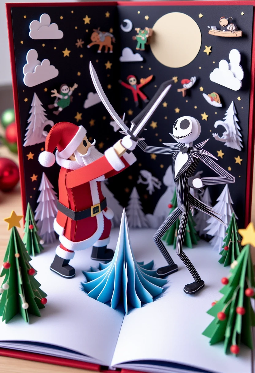 <lora:Pop-up_Book_Papercraft_Plotter_FLUX:1>
The image is a highly detailed, vibrant, photograph of a scene from a pop-up book, featuring Jack Skellington and Santa Claus sword fighting in the north pole.