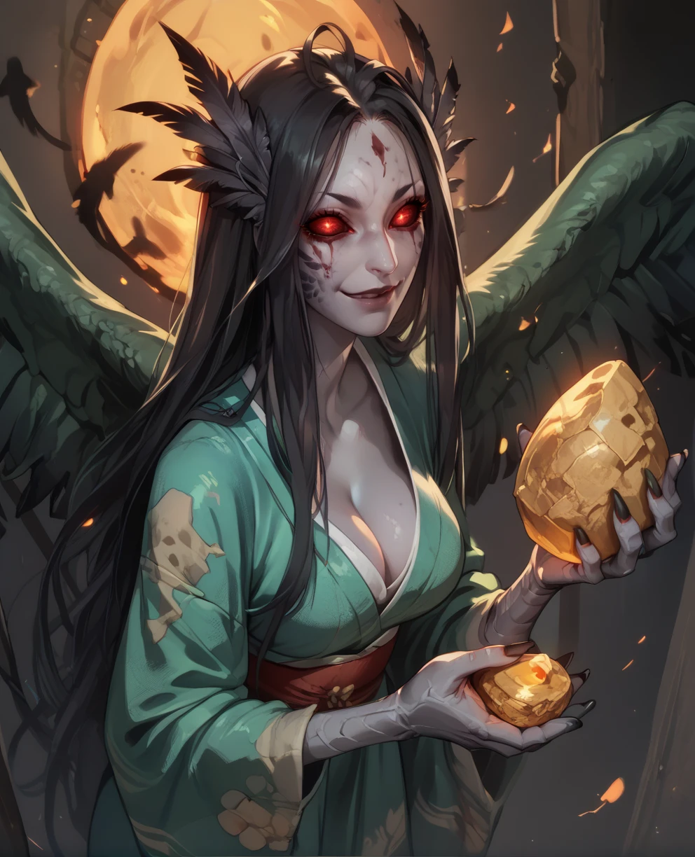 score_9,score_8_up,score_7_up,score_6_up,
ubumexl,red eyes,black sclera,long hair,head feathers,facial mark,
green kimono,black fingernails,smile,
standing,cleavage,
holding golden rock,
solo,
night,underworld,<lora:ubumeXL:0.9>,