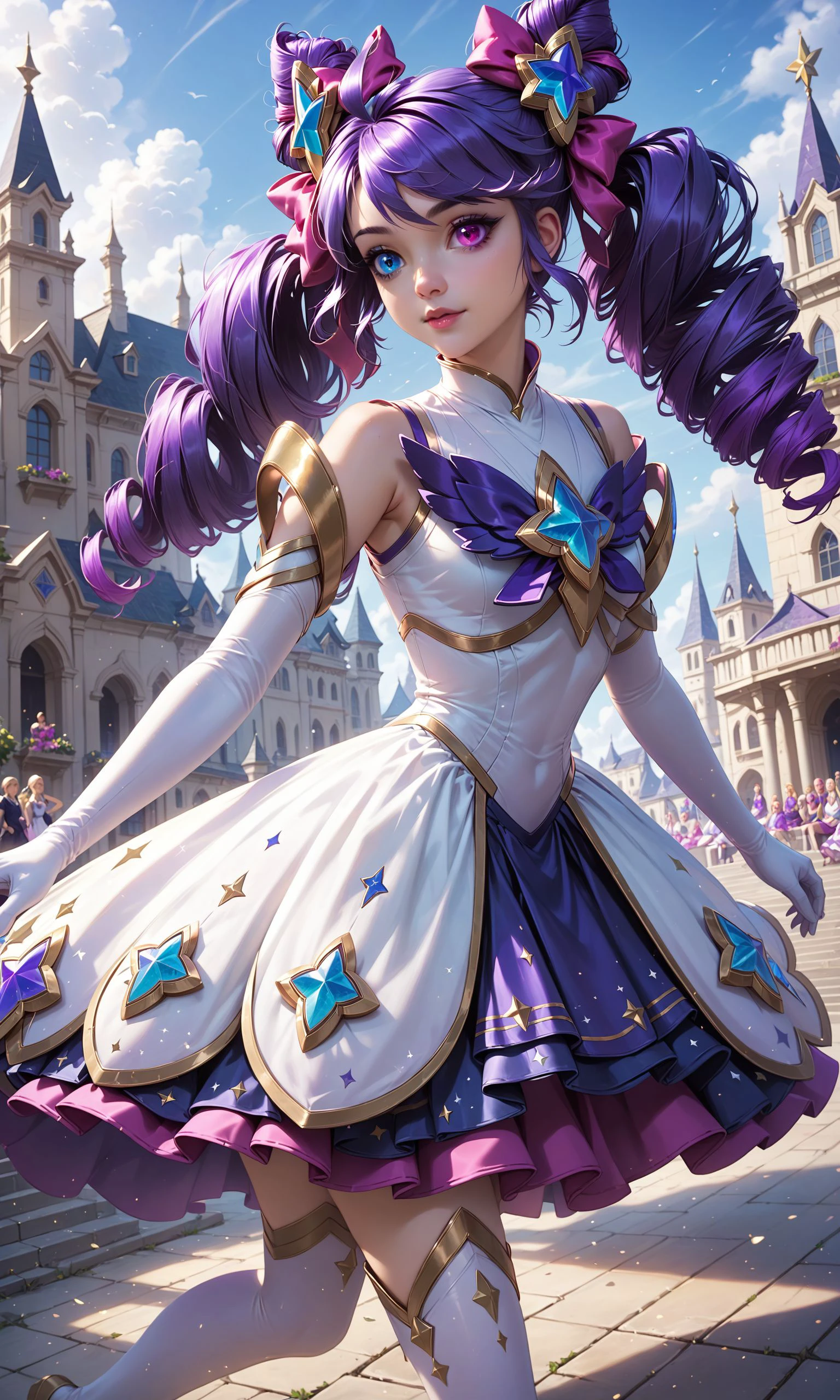 score_9, score_8_up, score_7_up, (1girl), (absurdres, ,highres), (masterpiece, best quality), (perfect details, highest detailed, extreme detailed),
<lora:SGGwenSDXL:0.75>,  (star guardian gwen, thighhighs, purple hair, (heterochromia:1.4), long hair, elbow gloves, twintails, drill hair, twin drills, purple skirt, bow, white dress, cone hair bun, ), outdoors