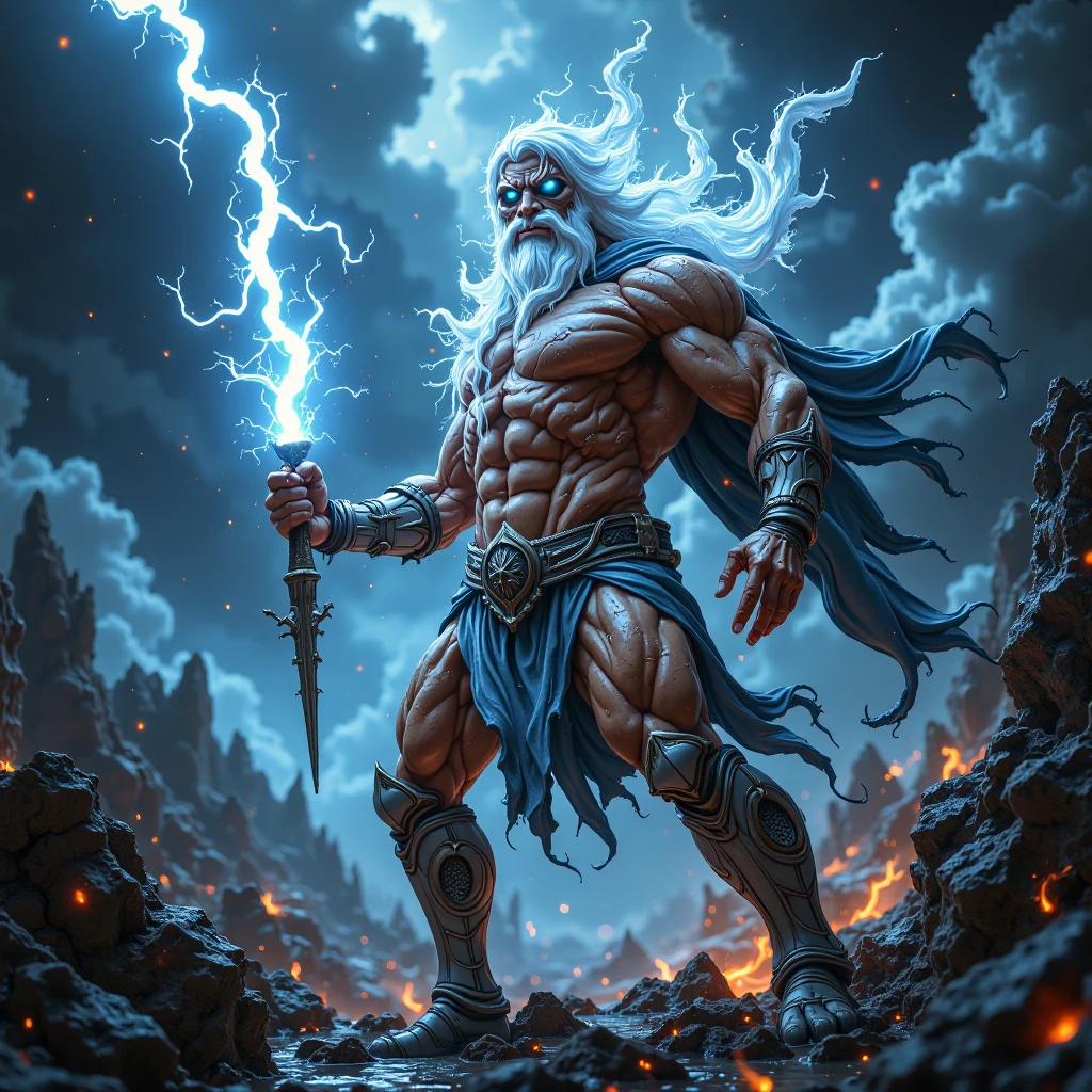 MSKLDJM, Mighty Zeus, standing tall on a stormy mountaintop, eyes glowing with electric power, holding a crackling lightning bolt in his hand, muscular physique, billowing white beard, ancient Greek armor, dark clouds swirling around him, flashes of lightning illuminating the scene, high contrast, epic and powerful pose.