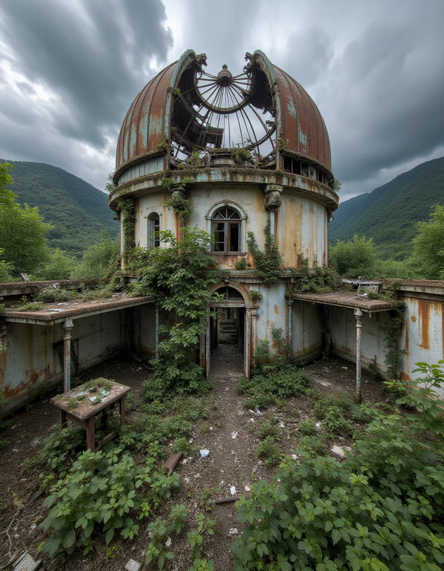 abndnd_plcs_rclmd, <lora:urban-decay-reclaimed_v10_rank64_bf16-step02160:1>,A desolate observatory at the top of a mountain, its telescope rusted and the domed roof partially collapsed. The control room is filled with old, broken equipment, and the floor is covered in debris. The observatory, once a place of wonder, now sits silent under a cloudy, stormy sky.