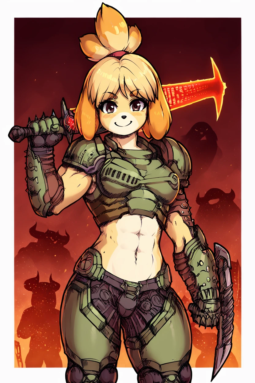 score_9, score_8_up, score_8, medium breasts, (curvy), cute, eyelashes,       BREAK, , ,,,   zzIsabelleDoom, brown eyes, topknot, dog ears, looking at viewer, navel, holding, weapon, solo focus, midriff, sword, holding weapon, armor, cosplay, muscular, holding sword, abs, toned, muscular female, over shoulder, weapon over shoulder, power armor, border, white border, energy sword, crucible (doom),   <lora:Isabelle_Doom_Slayer_PDXL:0.8>,    ,,,, BREAK, smile, looking at viewer, cowboy shot, ,,, embedding:zPDXL, Expressiveh, ,,, <lora:Zankuro_Style_PDXL:0.8> <lora:SDXLFaeTastic2400:0.5>, <lora:Expressive_H-000001:0.4>,