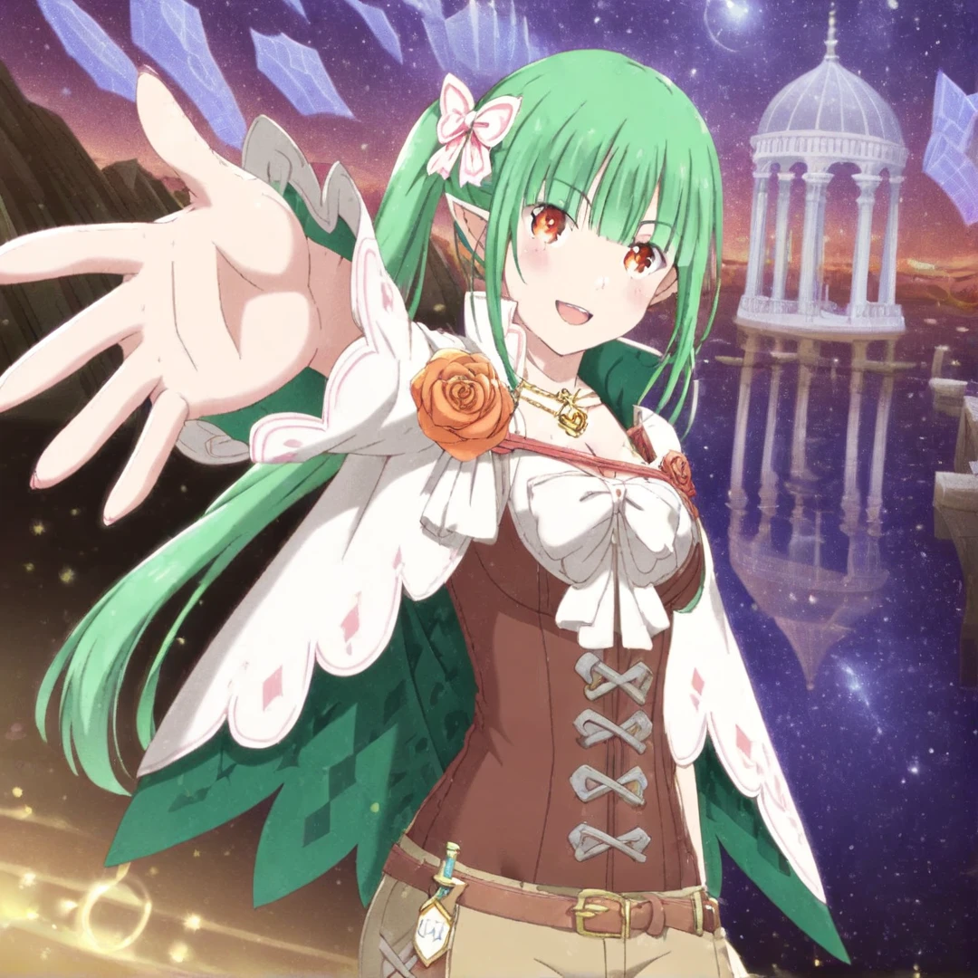 <lora:Shion:1>, shion, has long green hair with a ponytail, her attire consists of a short white cloak with a green diamond-shaped pattern in the inside, a white and brown dress that is like a huntress wears, and white high-end boots, she also adorns an orange rose on her left shoulder, a dagger wrapped around on her hips, and a small gold locket around her neck, solo, looking at viewer, close up