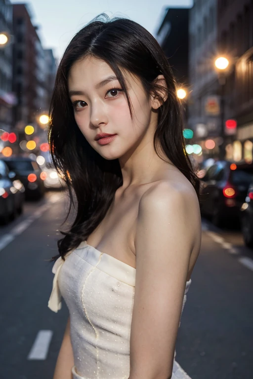 masterpiece, best quality, ultra-detailed, ultra high res, (photorealistic:1.4), raw photo, (realistic:0.2), 8k HDR, realistic cool temperature lighting, (asian:0.2), 1girl, solo, asymmetrical medium hair, outdoor, day, (city background:1.4), bokeh, (detailed lips), (detailed pores), (detailed skin textures), (detailed face:1.2), (upper body:1.2), a woman in a white strapless tube dress, promotional image, a character portrait,