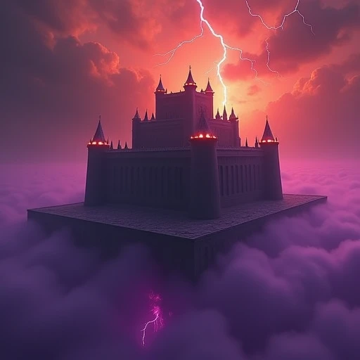 cpolldreamyfortress, cpolldfffitowd, floating fortress in the otherworld, otherworld, floating fortress, outdoor, orange sky, orange lightnings in sky, vivid purple mist, purple lightnings in vivid purple mist