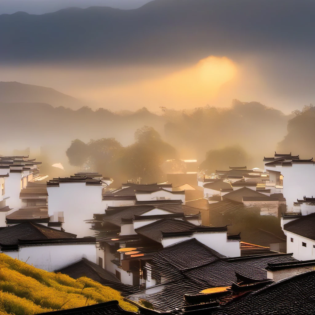 Hui-Style Architecture, Sunset, Mist