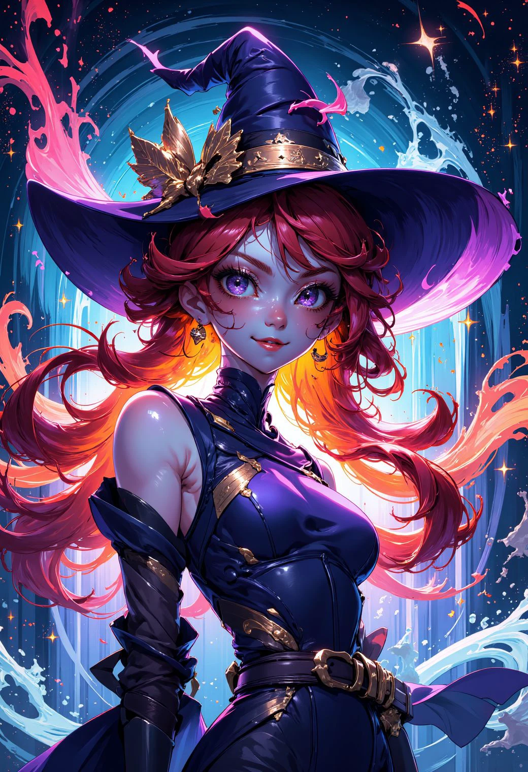 <lora:ck-yoneyama-mai-000017:1>, ck-ym, in the style of ck-ym, drawing, A powerful and alluring witch stands just inches from you with a charming smirk, her enchanting gaze locking onto yours with an intense, magical allure. Her deep violet and orange hair sways around her face, which is framed by the glowing edges of her pointed hat, its brim seeming to extend out of the frame. She’s dressed in a sleek, dark purple dress, her swirling magic creates a tunnel-like effect, pulling you into the scene. Her lips curve into a seductive smile, her violet eyes glinting with mystery as the background blurs into a vortex of glowing stars and swirling mist. The entire scene feels alive with movement, as if you are moments away from being consumed by her enchanting spell, lured into a whimsical, magical world.