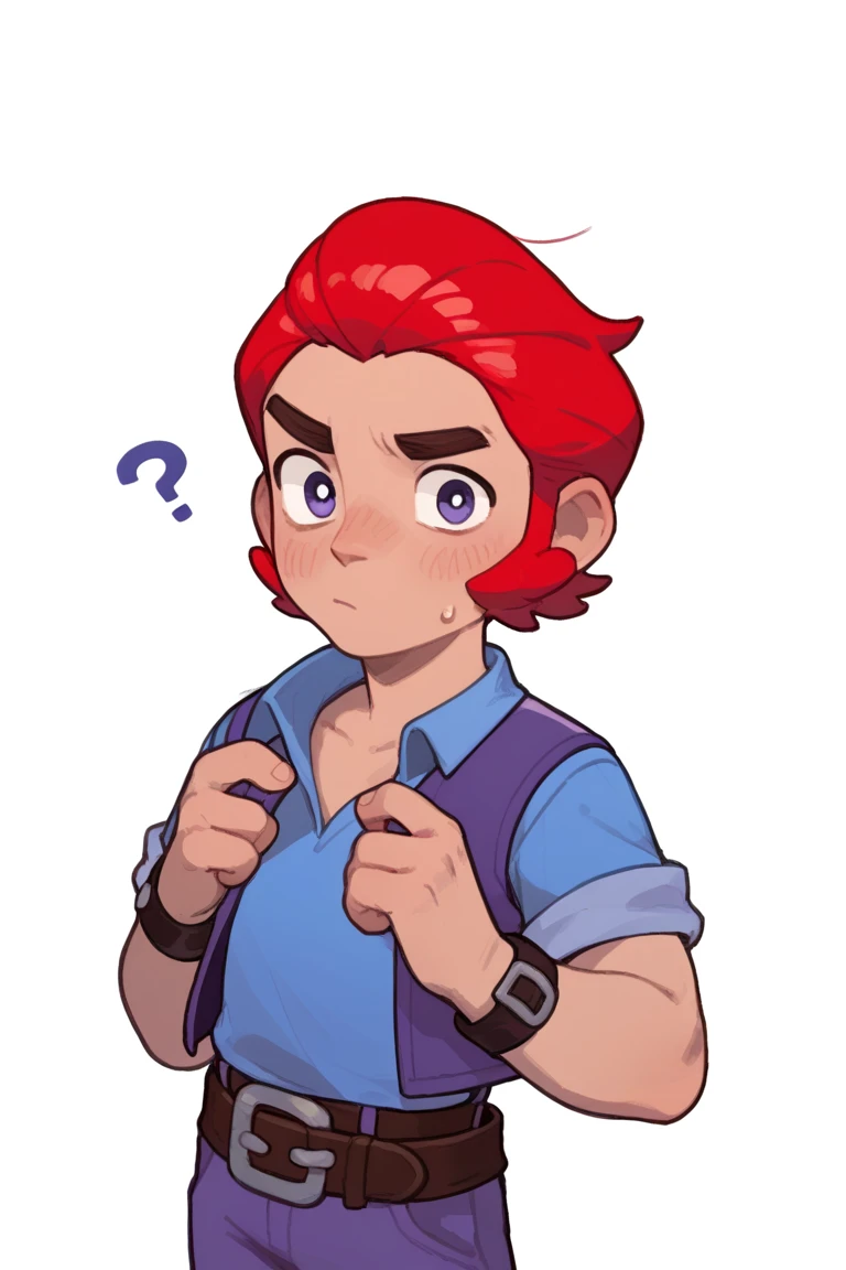 Score_9, Score_8_up, Score_7_up ,possummach, bscolt  ,1boy ,red hair, short hair, blue shirt, purple vest, belt, purple pants ,blush, confused, ???, solo, looking at viewer, simple background, white background